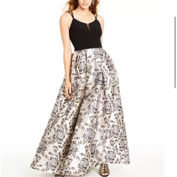 Floral Brocade Ballgown with Mesh Cutout - Picture 2 of 8